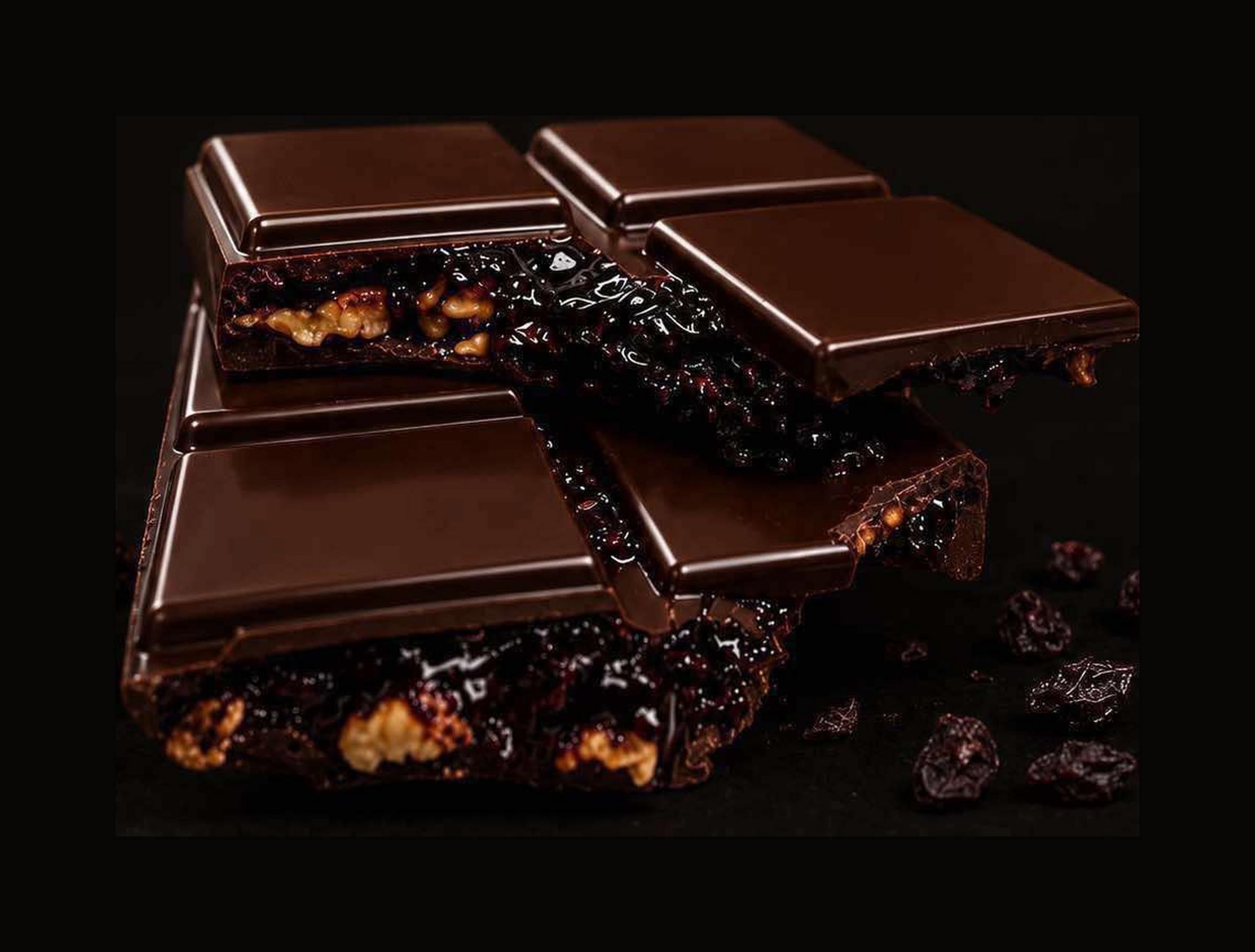 Broken bars of HaskaNoir dark chocolate showing the walnut and Haskap berry filling