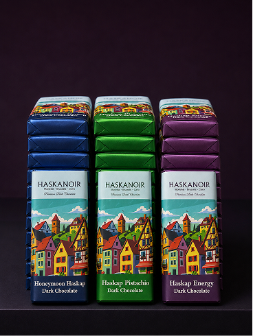 Stacks of HaskaNoir Honeymoon, Pistachio and Energy bars in their blue, green and purple wrappers